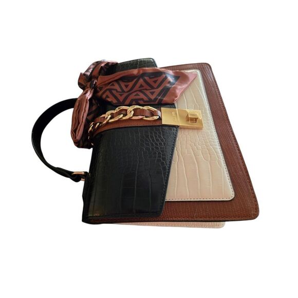 Top Handle Satchel Purse Black Brown White Faux Croc Leather Gold Chain Classic - Picture 6 of 8